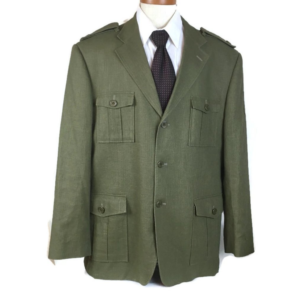 Empra Sportcoat Size 46 2XL Green Linen Epaulettes